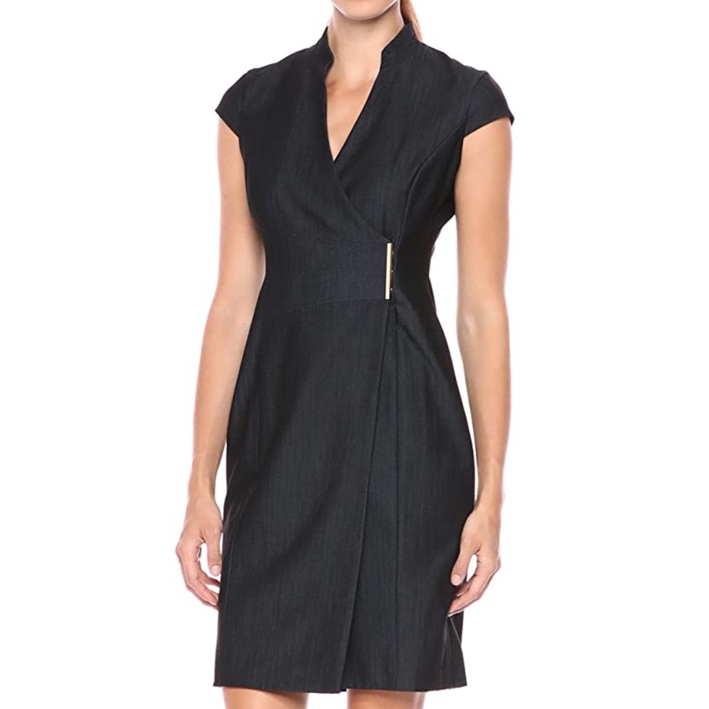 Calvin Klein Blue Denim Cap Sleeve Wrap Dress